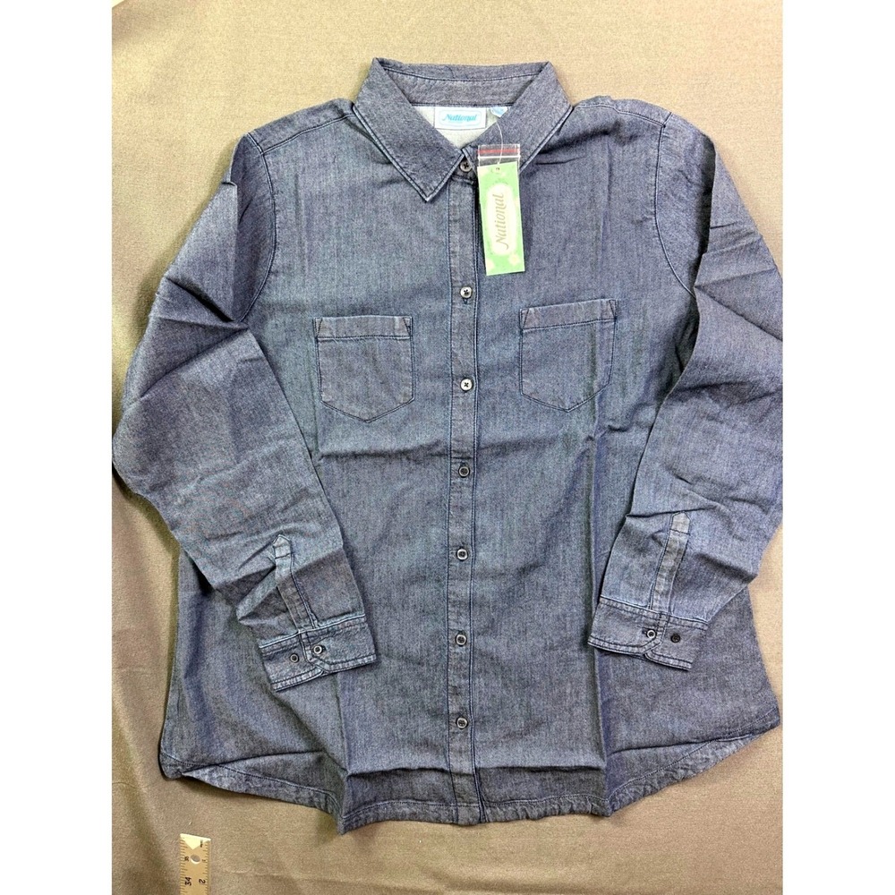 National Women Denim Button Down Shirt Blue Long Sleeve Cotton 1X New #22787